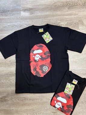 Bape Black Tee with Red Camo Ape Head Graphic
